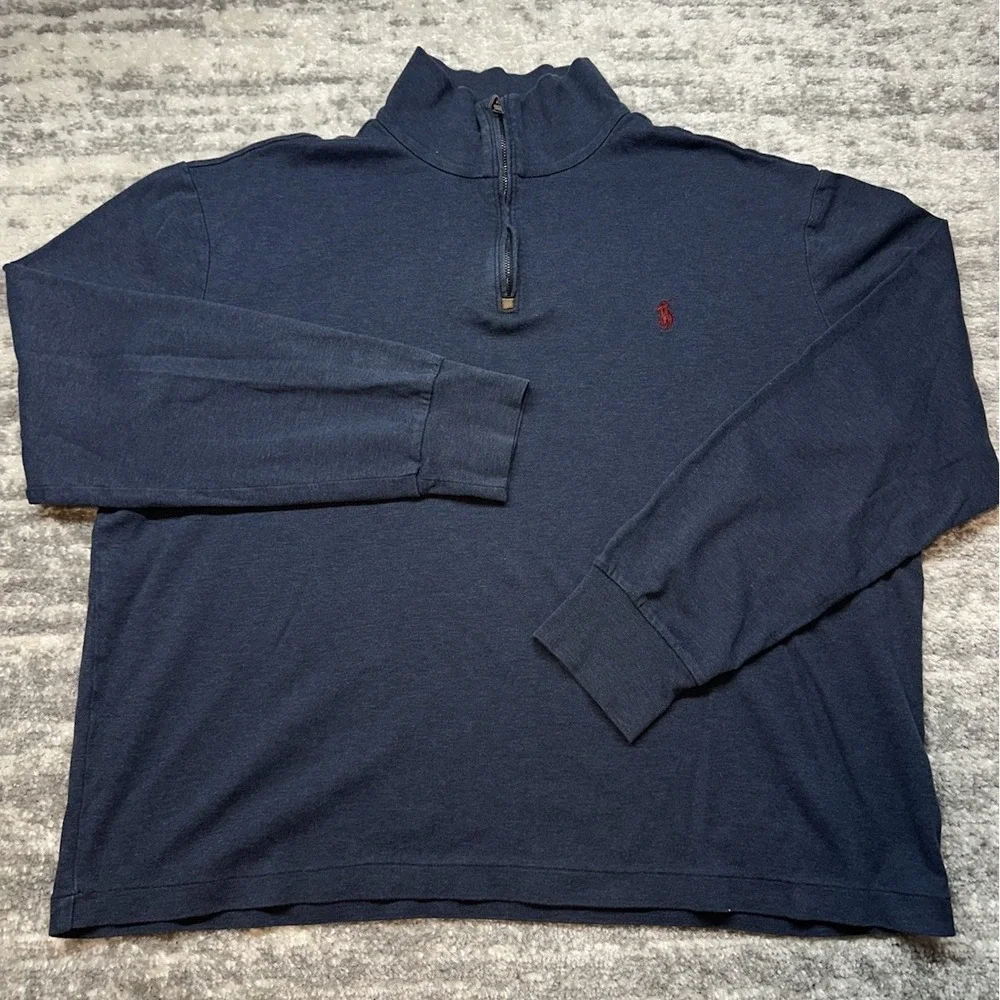 Polo Ralph Lauren Mens Sweater Size Medium Large Navy Suede 1/4‎ Zip Tennis Pony